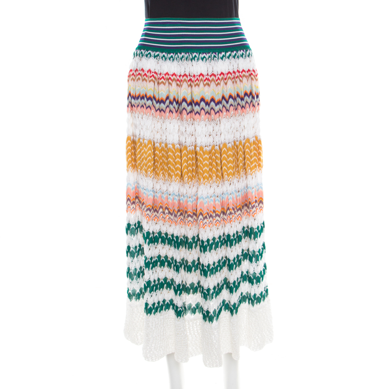 Pre Owned Missoni Multicolor Perforated Patterned Knit Elasticized Waist Midi Skirt M