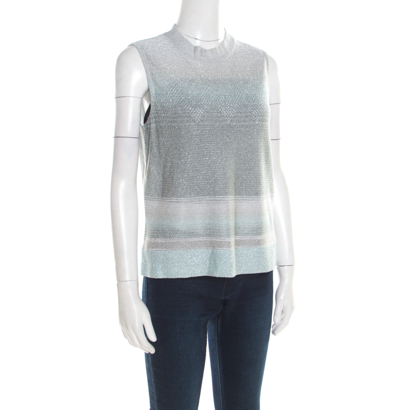 

Missoni Silver and Blue Gradient Lurex Knit High Neck Sleeveless Top, Metallic