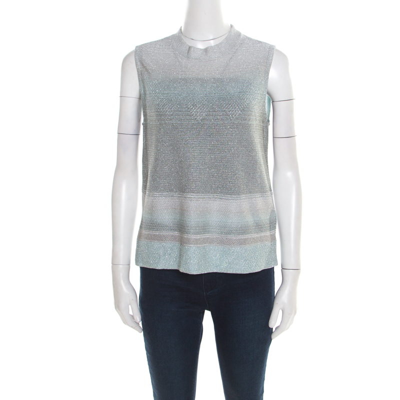 Pre Owned Missoni Silver and Blue Gradient Lurex Knit High Neck Sleeveless Top L