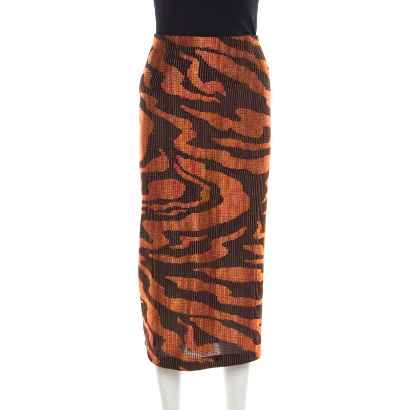 Pre Owned Missoni Black and Orange Textured Woven Slit Detail Midi Skirt L