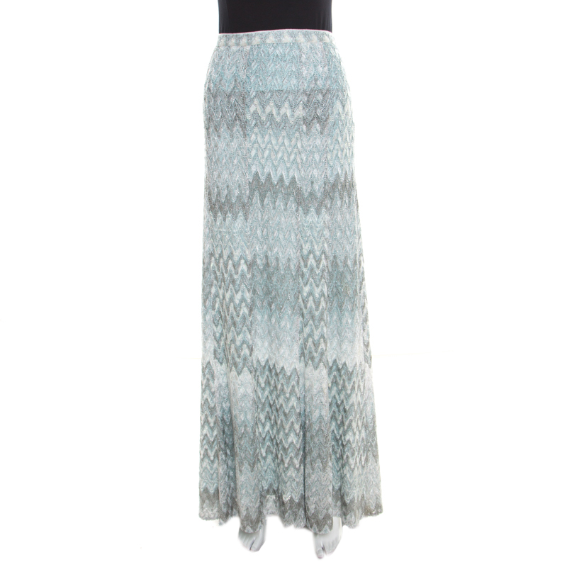 Pre Owned Missoni Blue and Silver Chevron Pattern Perforated Lurex Knit Maxi Skirt L