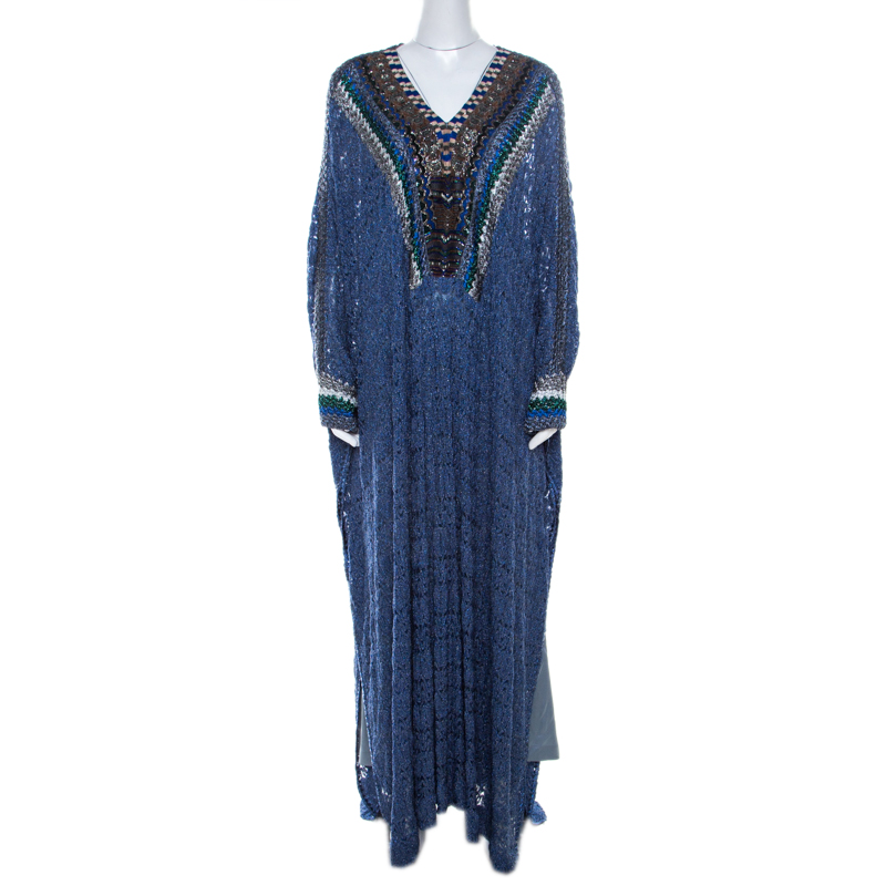 Pre Owned Missoni Navy Blue Lurex Knit Embellished Maxi Kaftan Dress M