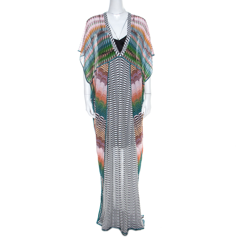 Pre Owned Missoni Multicolor Patterened Knit Perforated Yoke Maxi Kaftan Dress M