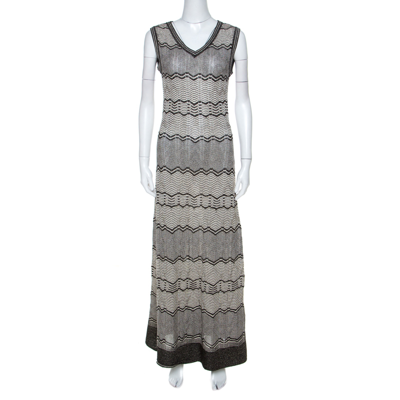 M Missoni Cream Black Gold Lurex Knit Striped Pattern Maxi Dress M ...