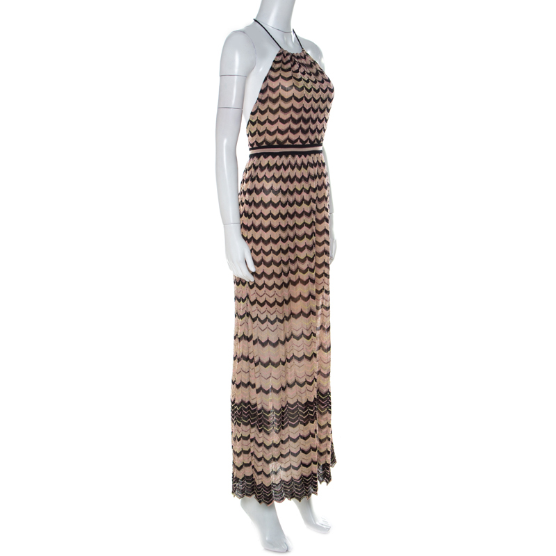 

M Missoni Beige & Black Chevron Knit Halterneck Backless Maxi Dress