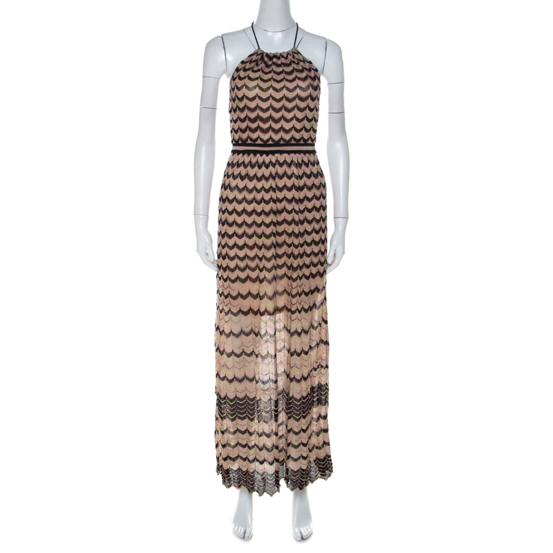 Pre Owned M Missoni Beige & Black Chevron Knit Halterneck Backless Maxi Dress S