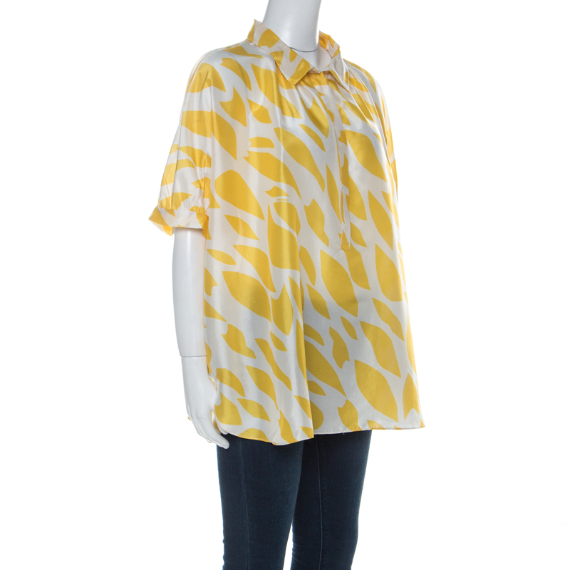 

Missoni Yellow & White Printed Silk Collared Short Sleeve Oversized Blouse