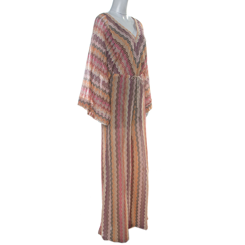 

M Missoni Multicolour Chevron Crochet Knit Drawstring Waist Long Sleeve Lurex Jumpsuit, Multicolor