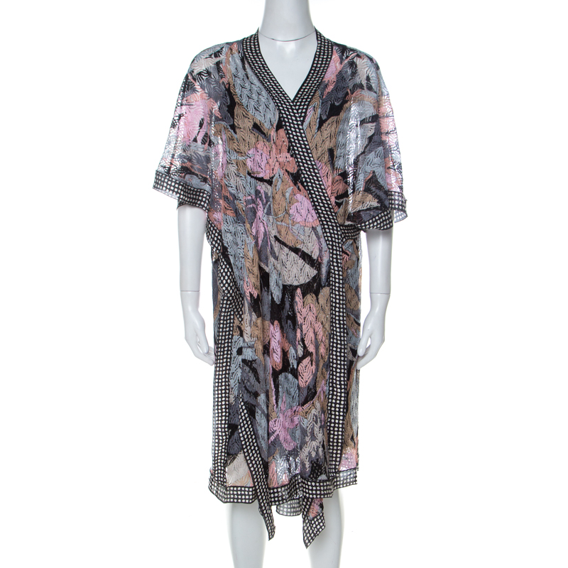 Pre Owned Missoni Multicolor Crochet Knit Polka Dot Trim Detail Asymmetric Faux Wrap Kaftan M