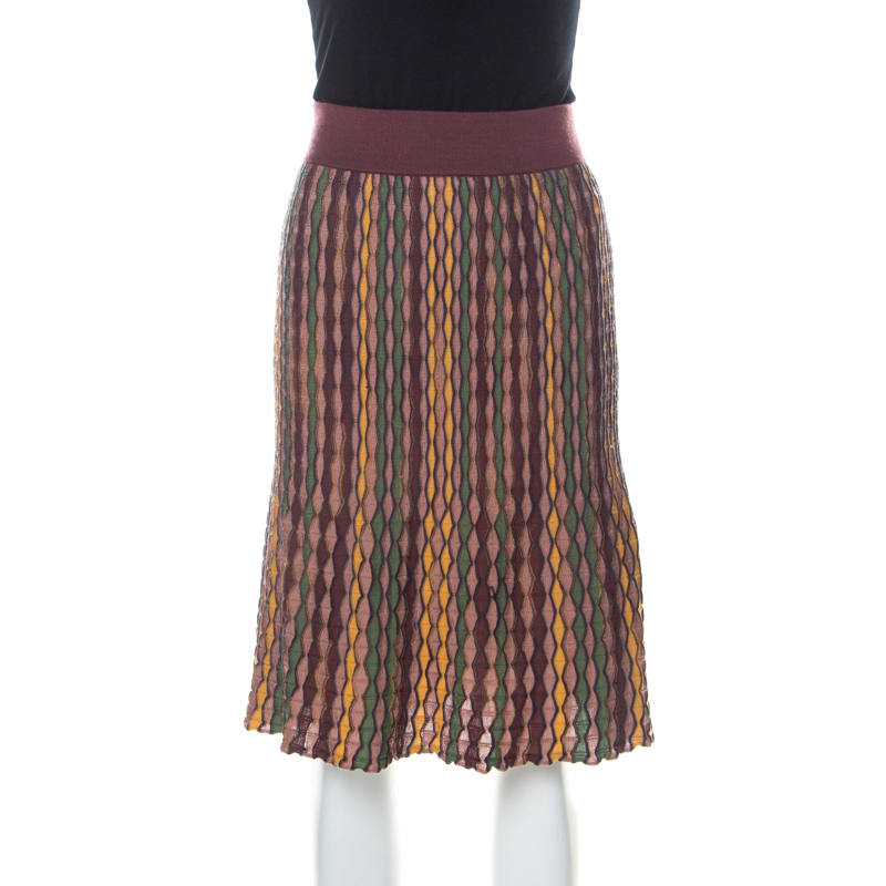 Pre Owned M Missoni Multicolor Zig Zag Knit Knee Length Skirt L