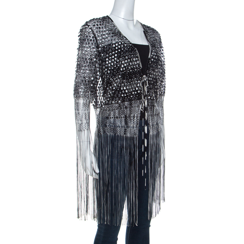 Pre-owned Missoni Monochrome Crochet Knit Lace Trim Fringed Cardigan L In Black