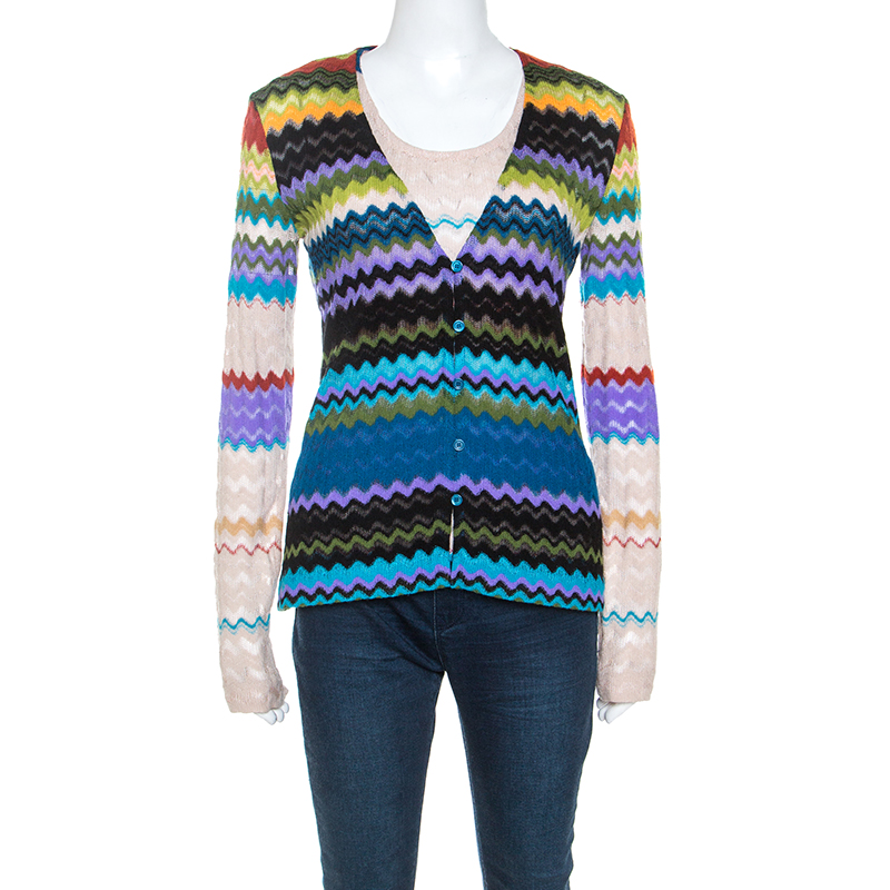 Pre Owned Missoni Multicolor Chevron Knit Top and Cardigan Set M