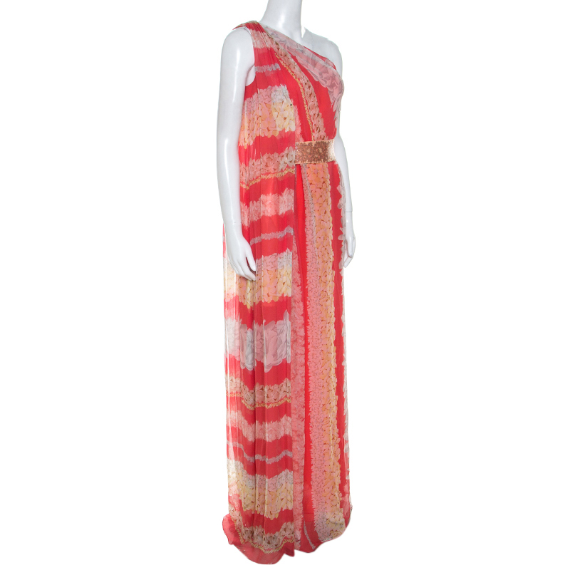 

Missoni Coral Pink Floral Print Silk One Shoulder Maxi Dress