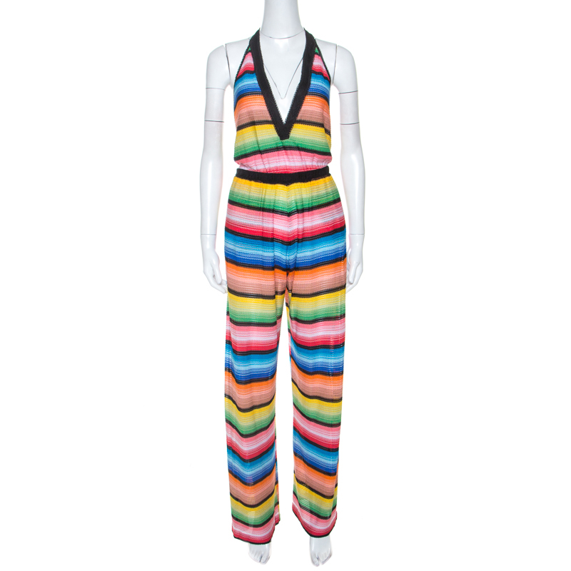 Pre Owned Missoni Multicolor Striped Knit Halterneck Coverup Jumpsuit S 