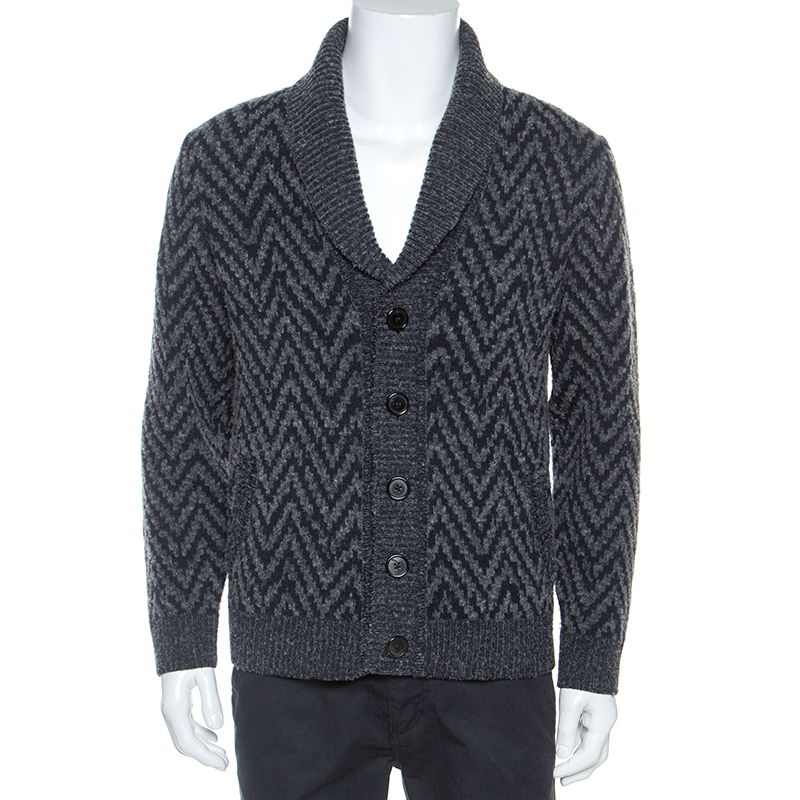 Pre-owned Missoni Grey Chevron Knit Wool Shawl Collar Cardigan L