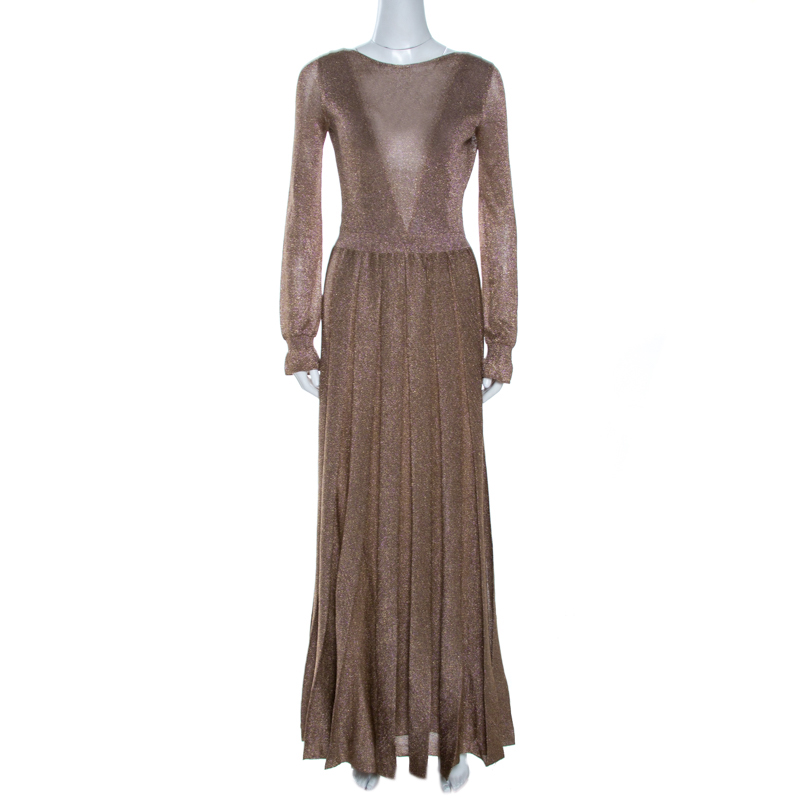Pre-owned Missoni Gold Lurex Knit Plunge Back Pleated Gown S