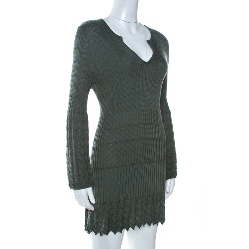 

M Missoni Sage Green Chevron Knit Wool Mini Dress