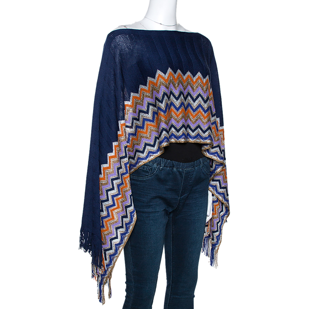 

Missoni Navy Blue Chevron Lurex Knit Fringed Poncho