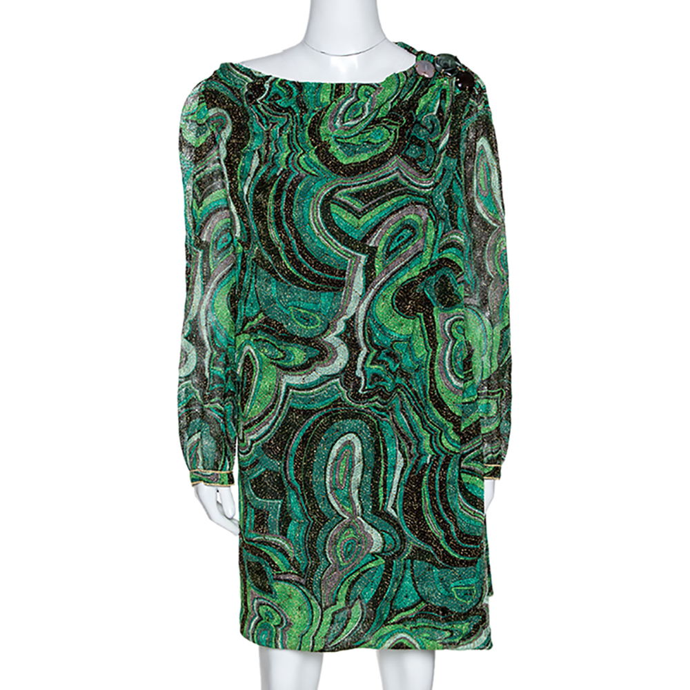 

Missoni Green Lurex Jacquard Knit Brooch Detail Draped Dress