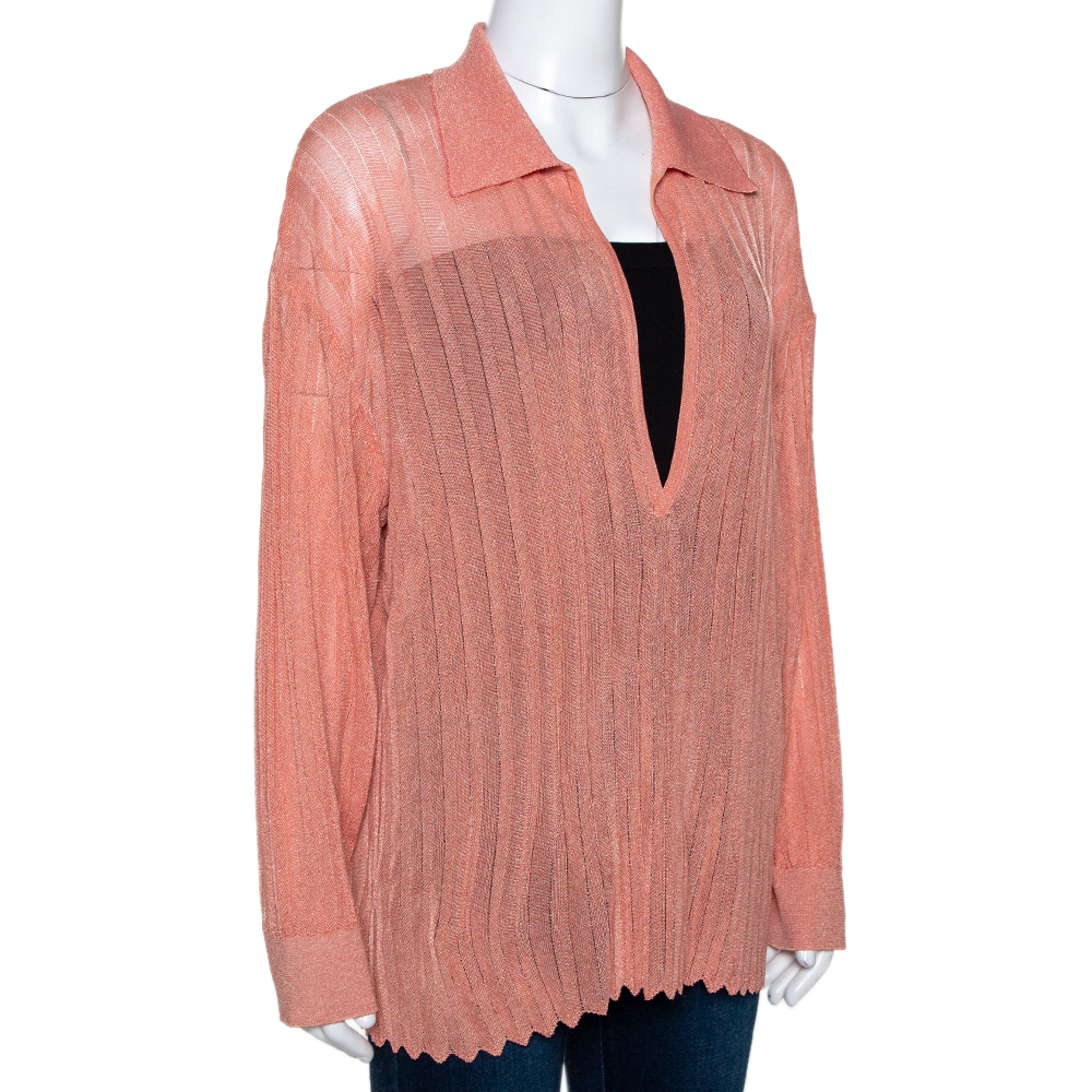 

Missoni Coral Lurex Knit Plunge V Neck Top, Orange