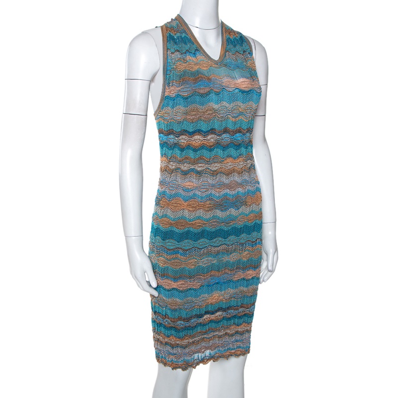 

Missoni Teal & Sandy Beige Knit Twisted Back Detail Mini Dress, Blue