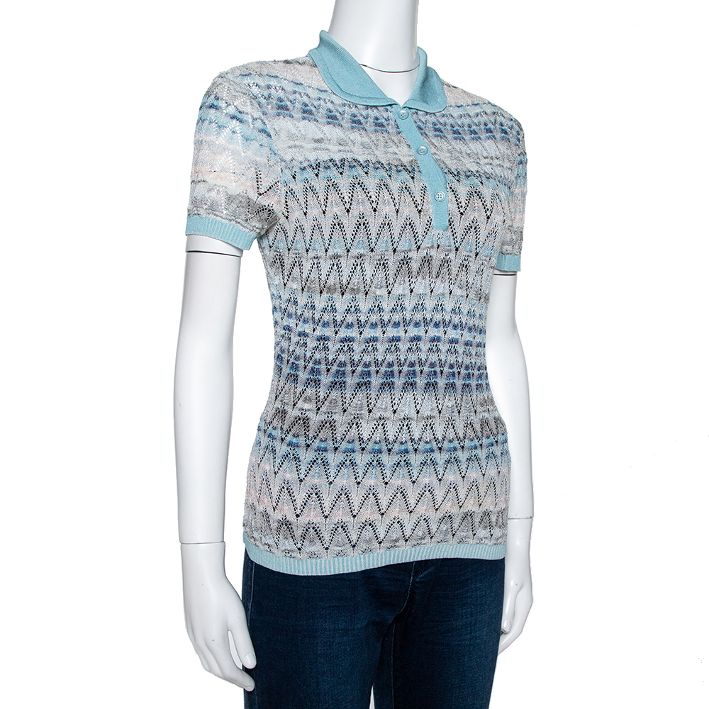 

Missoni Light Blue Crochet Knit Short Sleeve Collared Top