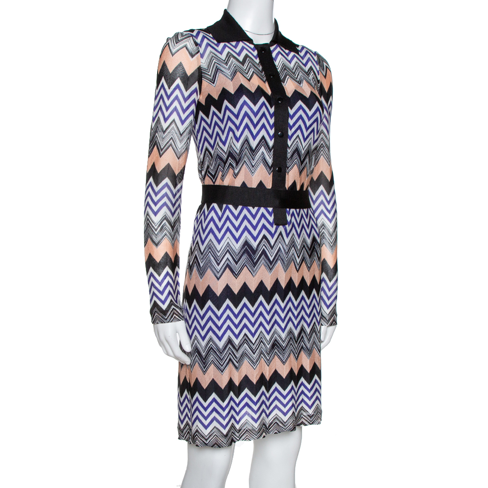 

Missoni Purple & Peach Chevron Knit Belted Collared Dress