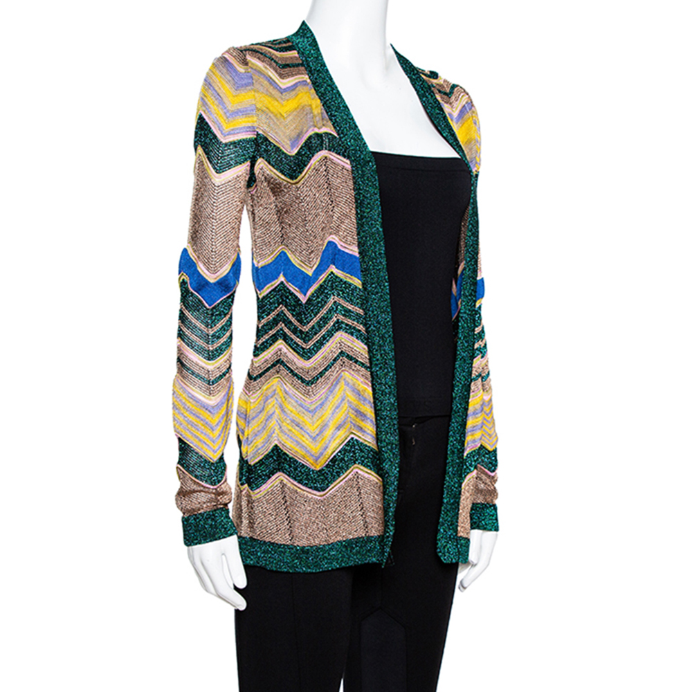 

Missoni Multicolor Lurex Chevron Knit Open Front Cardigan