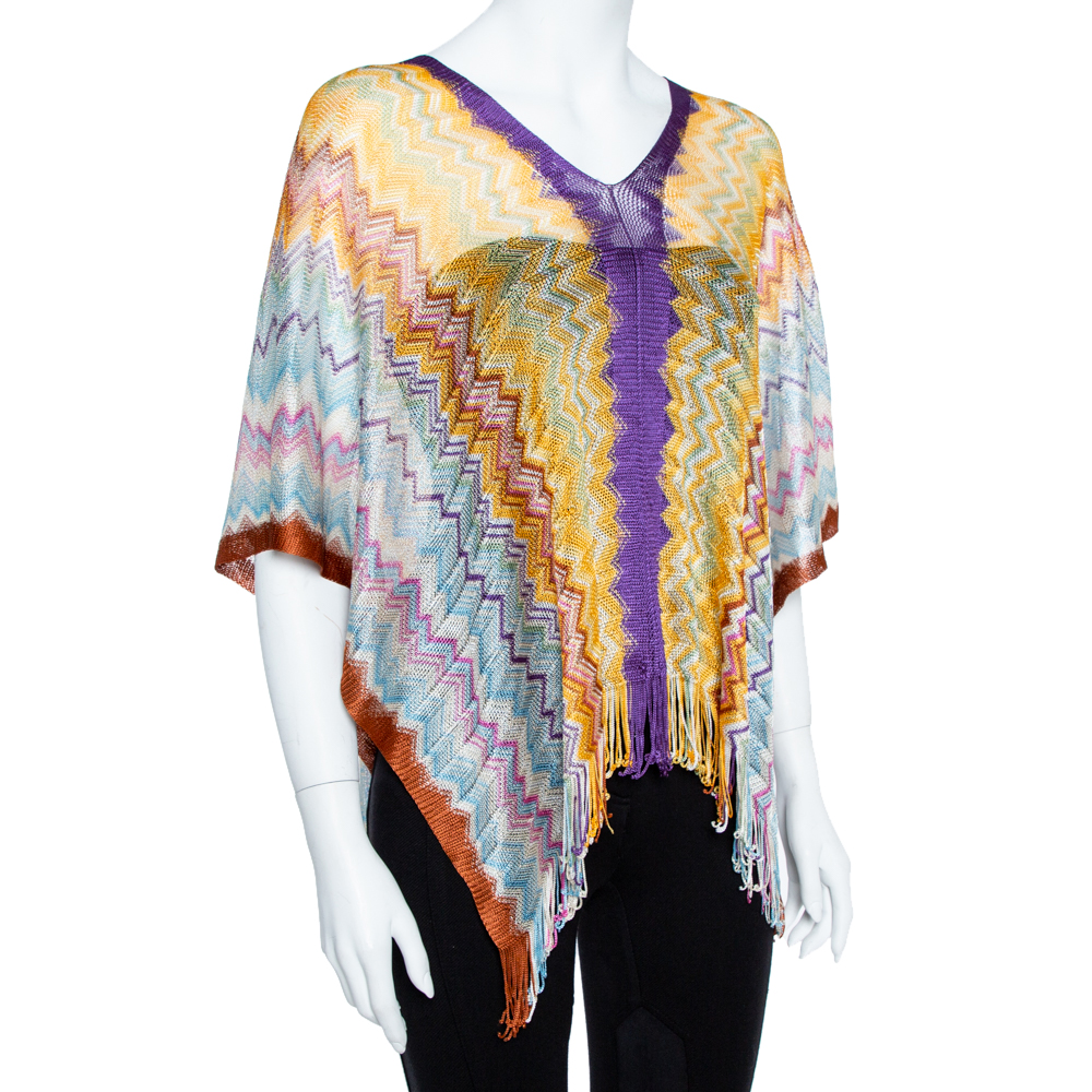 

Missoni Multicolor Chevron Knit Fringed Poncho