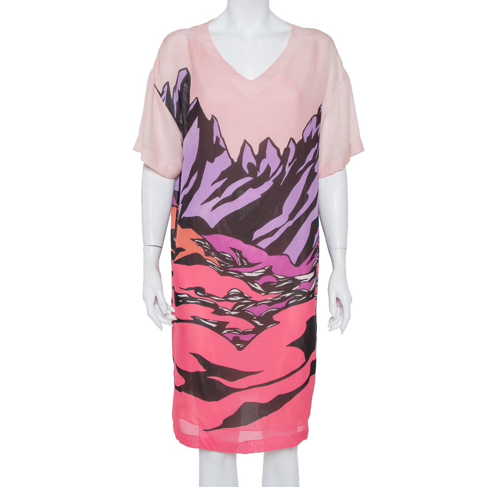 Pre-owned Missoni Pink Printed Silk Short Sleeve Shift Dress M