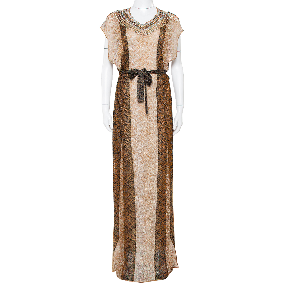 Pre-owned Missoni Beige Lurex Knit Stone Embellished Sleeveless Belted Maxi Dress M
