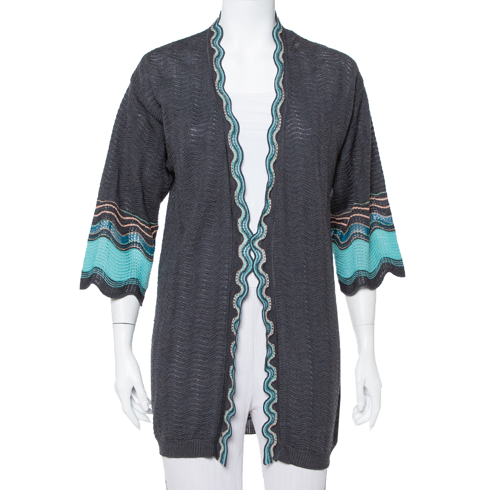 Pre-owned Missoni M  Grey Wave Patterned Wool Open Front Cardigan M