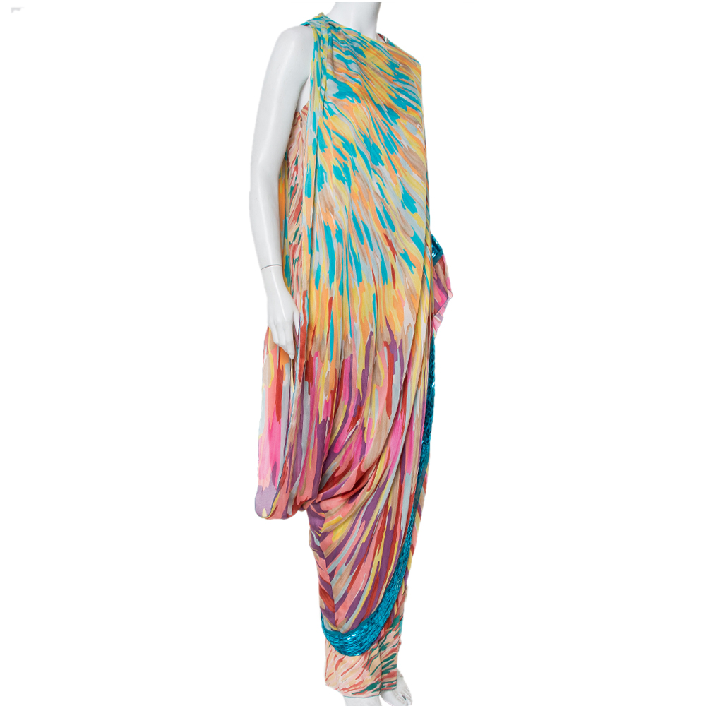 

Missoni Multicolor Silk Embellished Cape Detail Sleeveless Maxi Dress