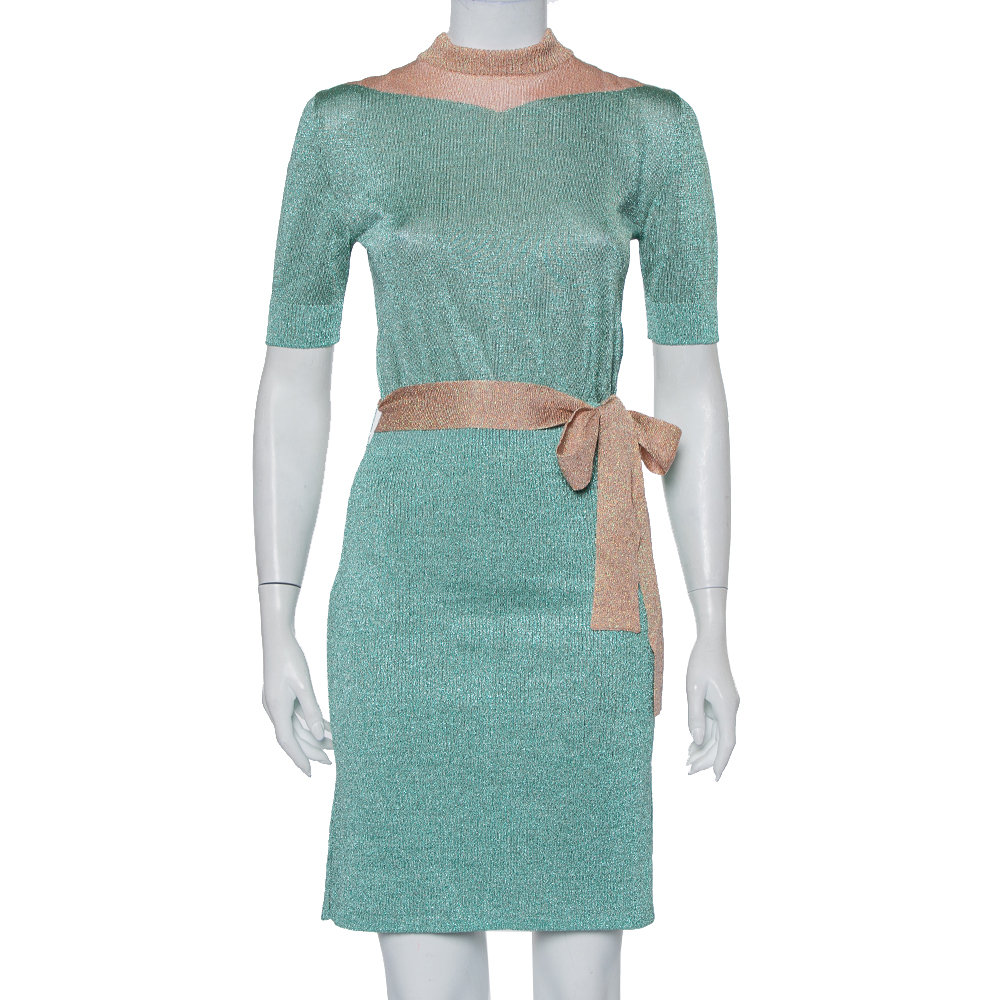 Pre-owned Missoni Mint Green & Pink Lurex Knit Belted Mini Dress M
