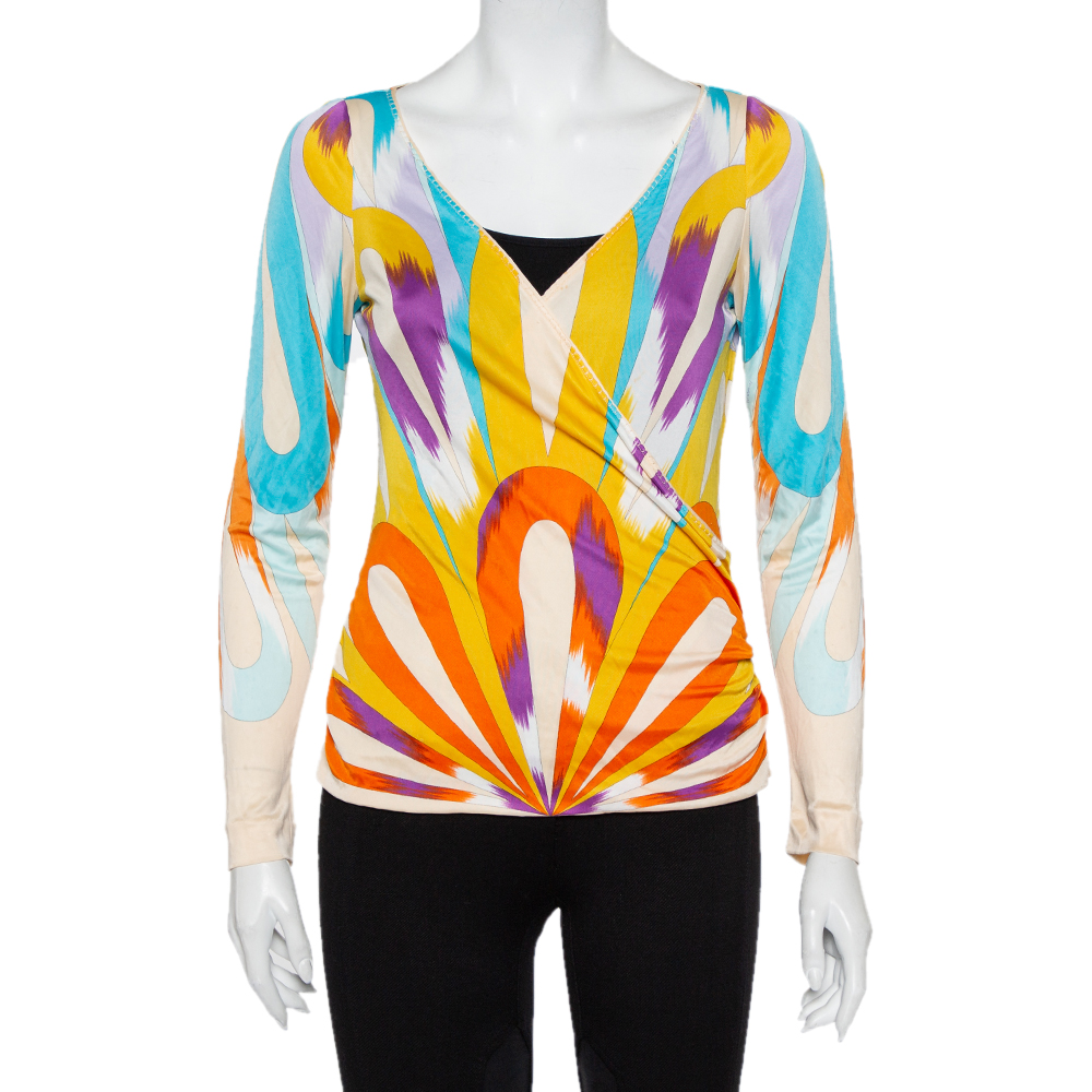 Pre-owned Missoni Multicolour Knit Faux Wrap Ruched Detail Top M In Multicolor