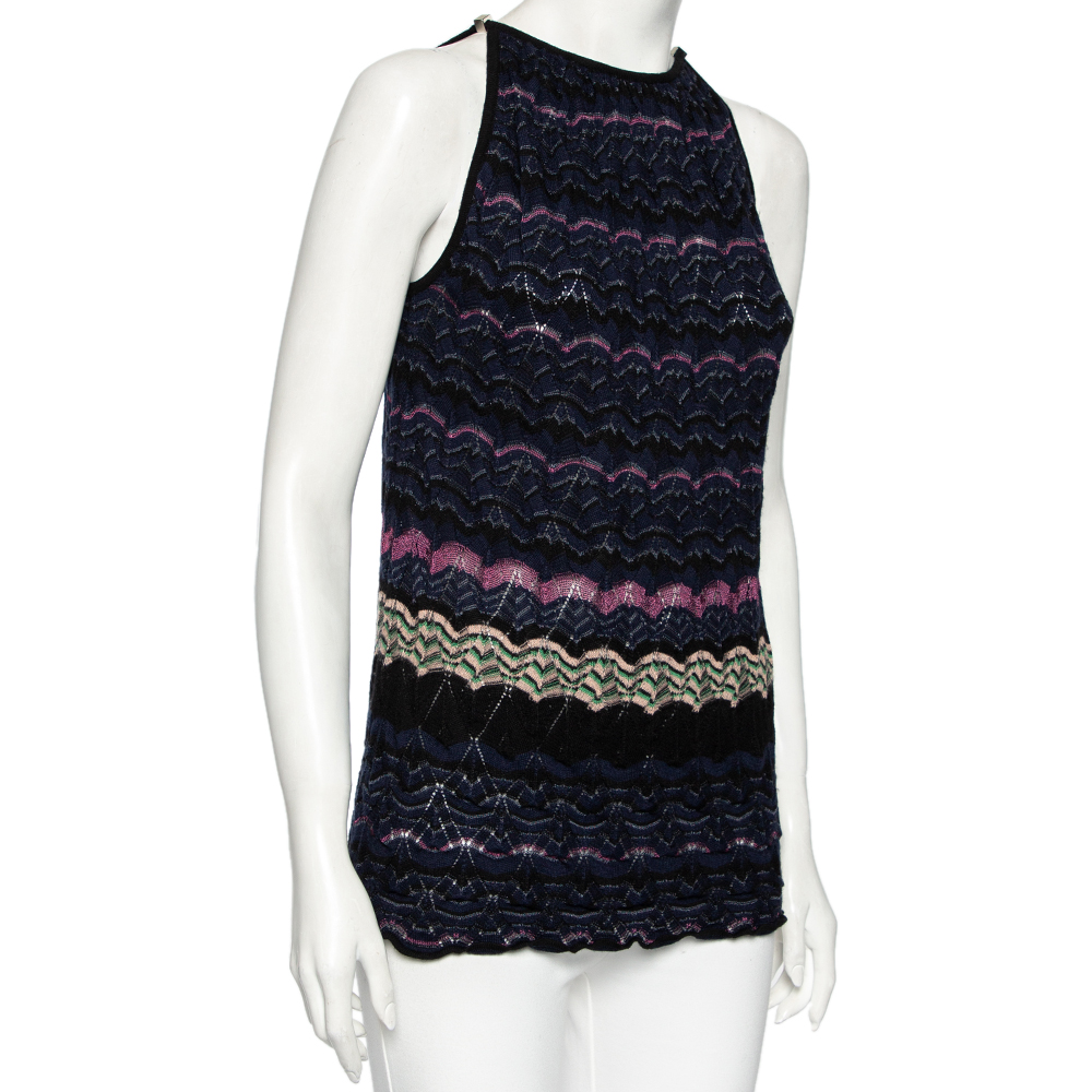 

Missoni Navy Blue Striped Textured Knit Sleeveless Top