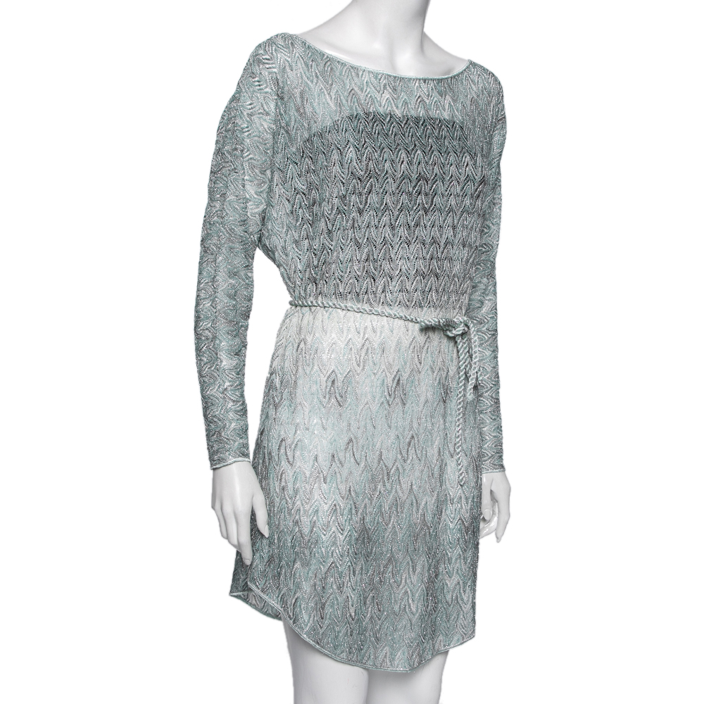 

Missoni Blue & Grey Patterned Lurex Crochet-Knit Belted Tunic