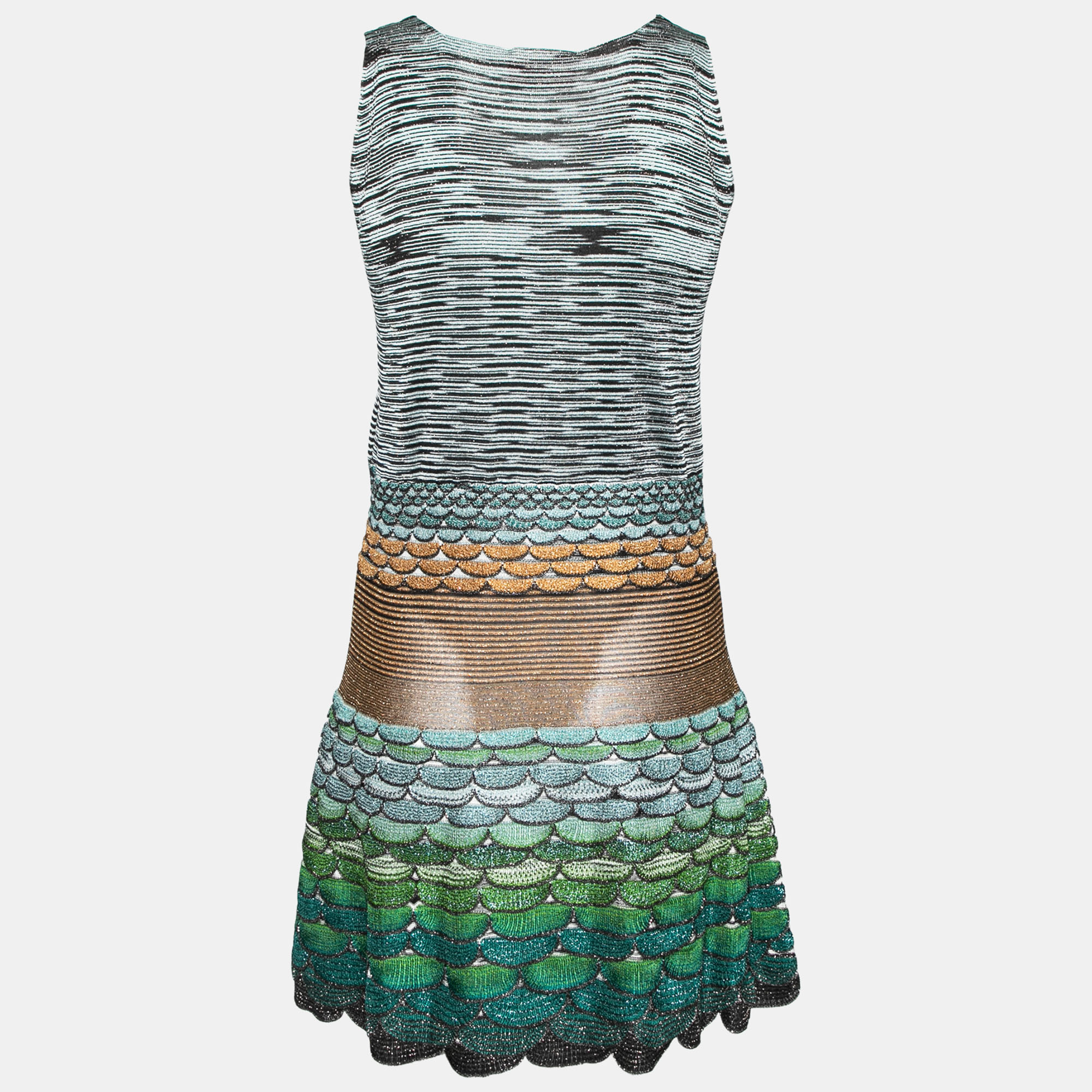 

Missoni Multicolor Wave Patterned Knit Sleeveless V Neck Flared Hem Dress