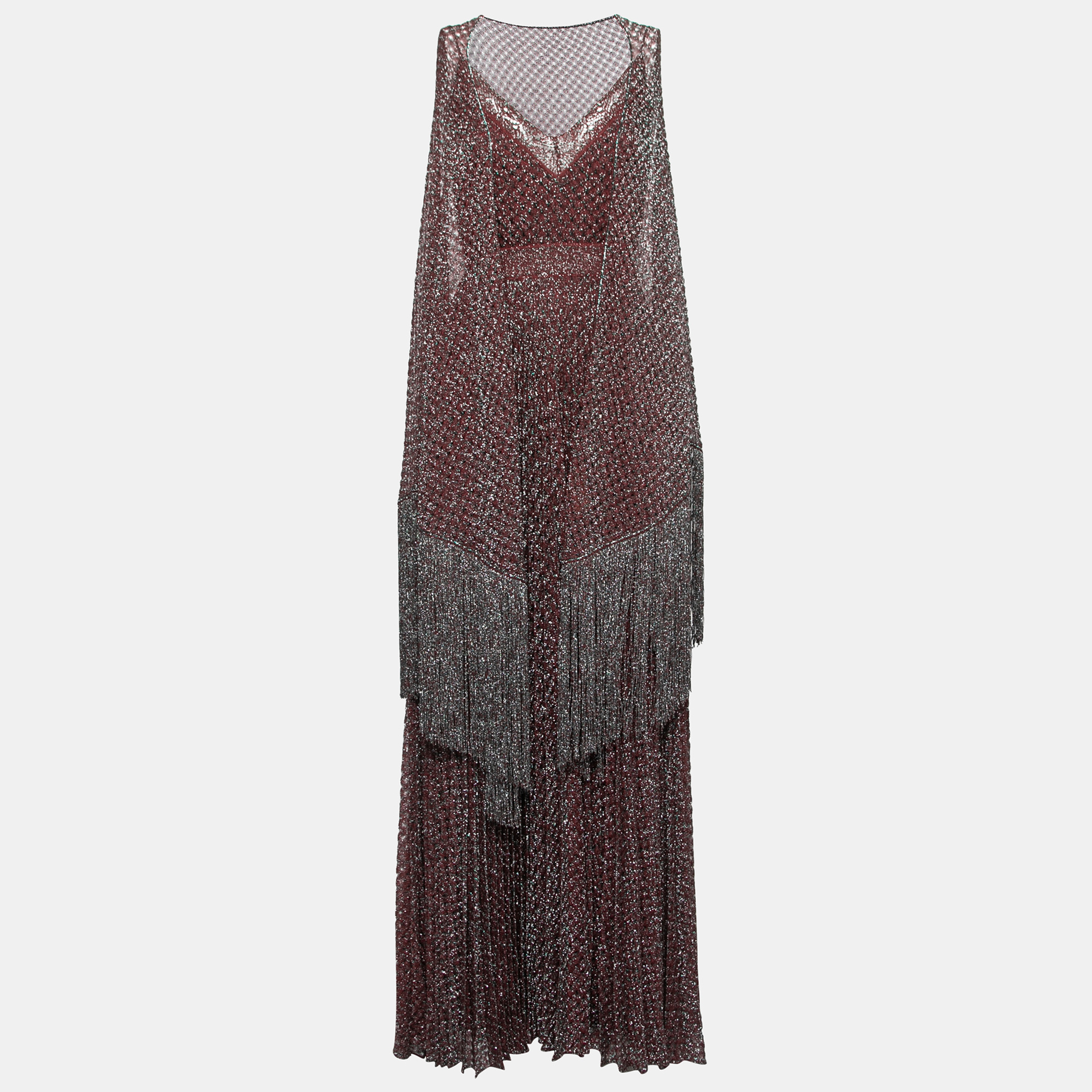 

Missoni Maroon Lurex Knit Pleated Maxi Dress & Fringed Scarf Set, Red