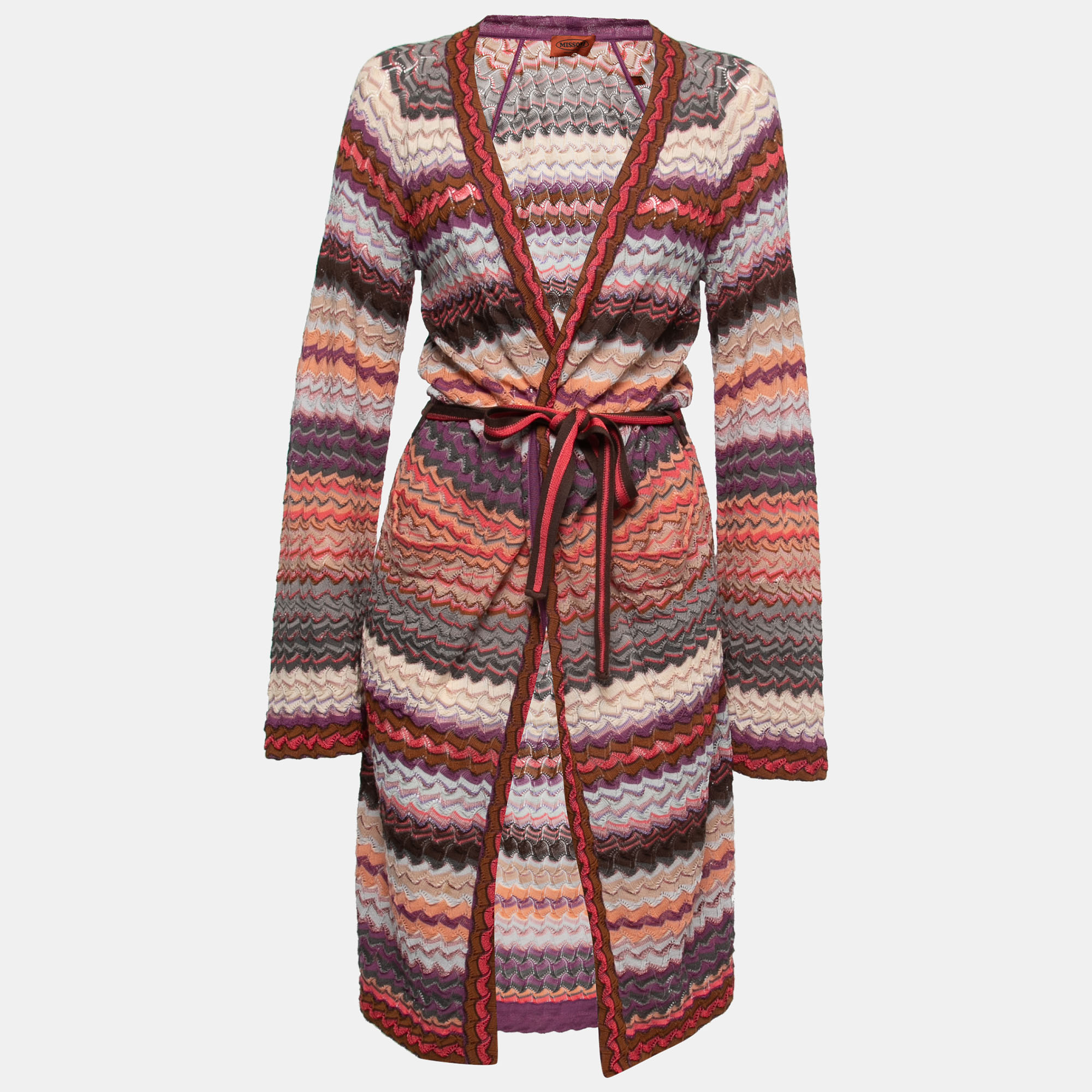 Pre Owned Missoni Multicolor Patterned Knit Long Belted Cardigan M