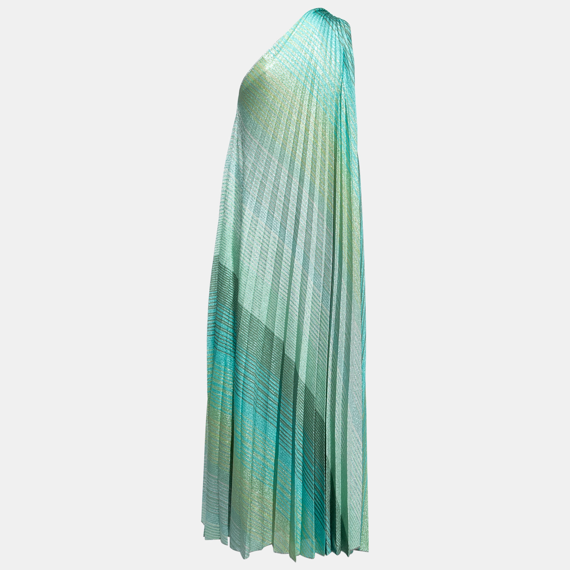 

Missoni Aqua Green Lurex Knit Plisse One Shoulder Maxi Dress