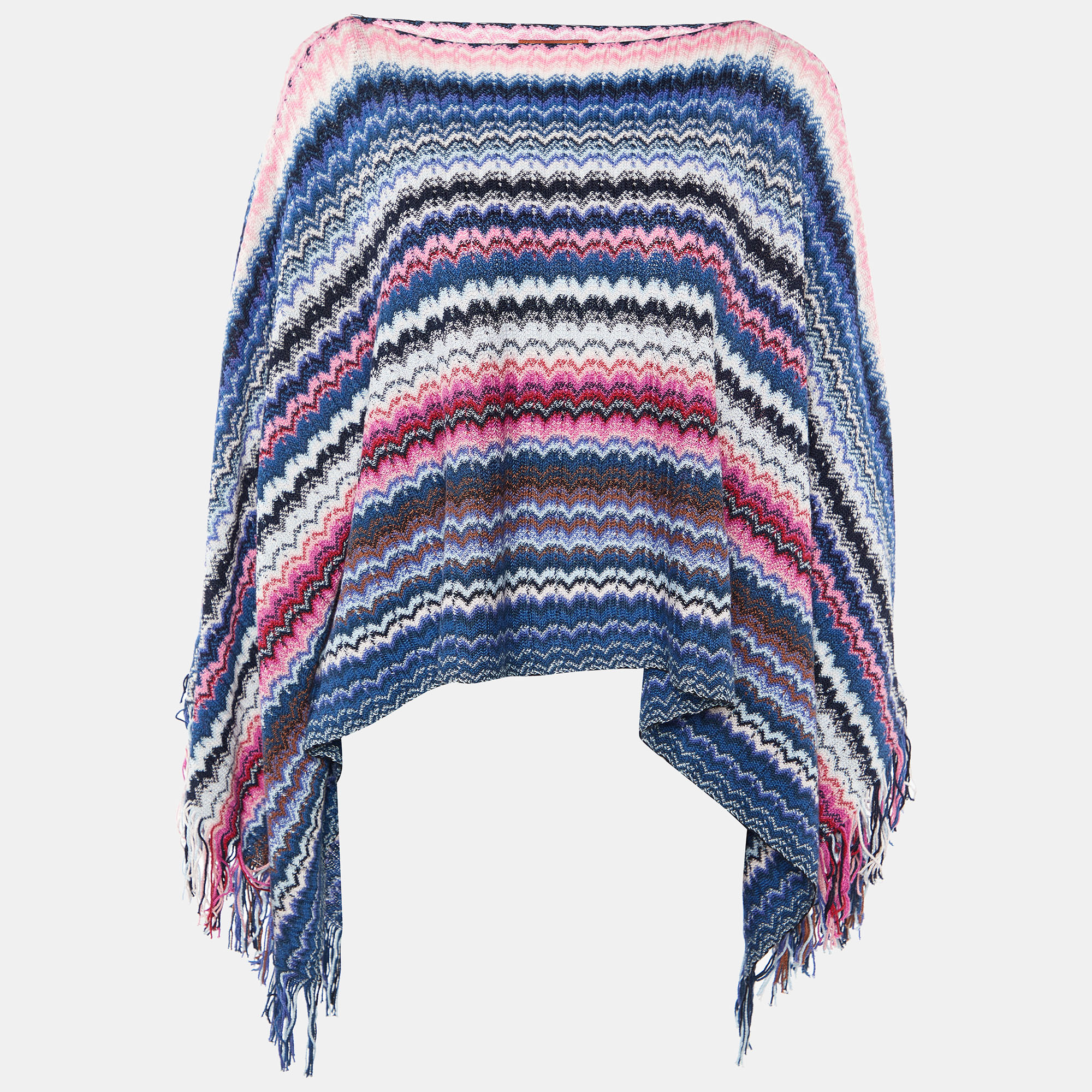 

Missoni Multicolor Chevron Cotton Knit Fringed Poncho