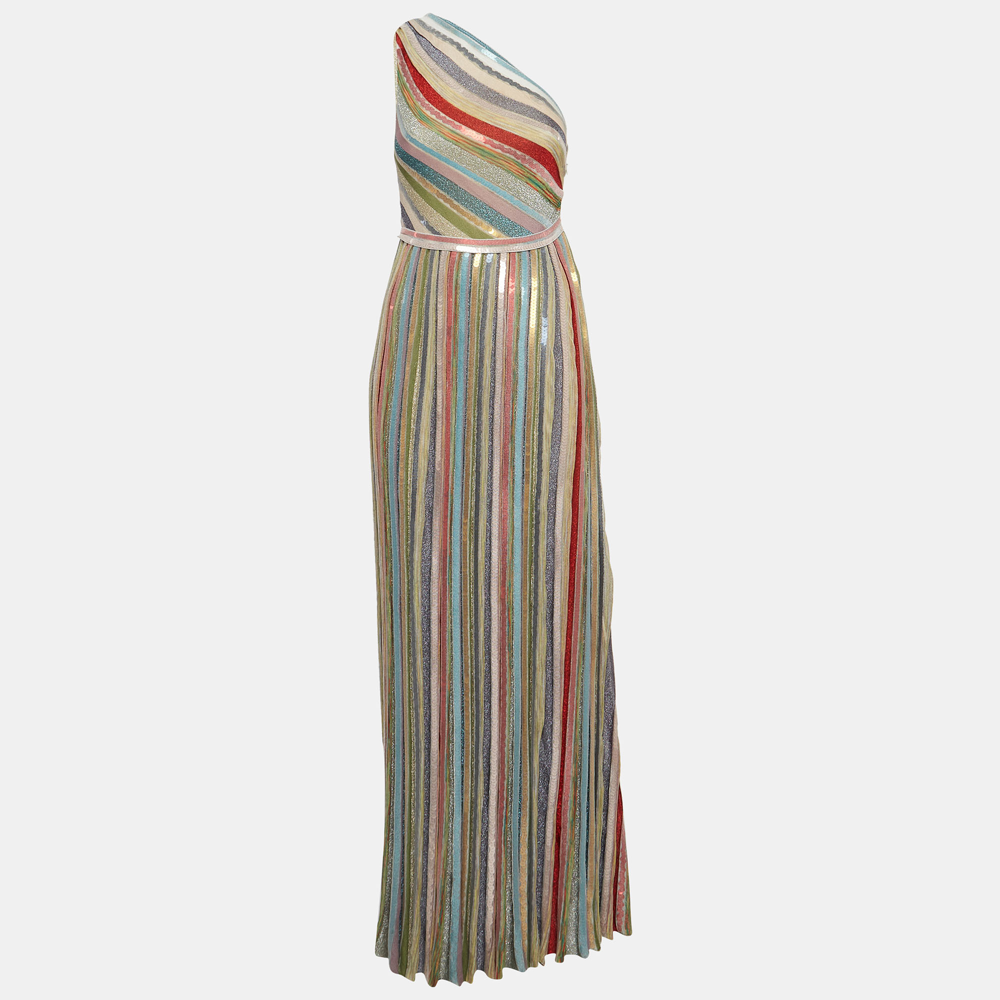 

Missoni Multicolor Sequin Embellished Lurex Knit One Shoulder Maxi Dress