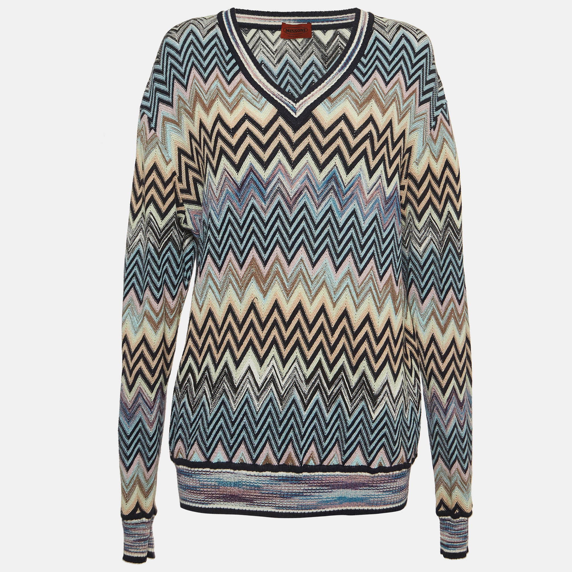 Pre-owned Missoni Multicolor Chevron Knit V-neck Sweater Xxl