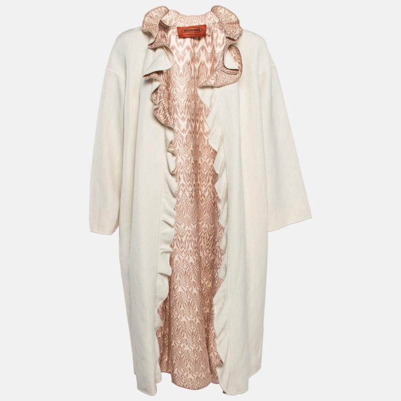 Pre-owned Missoni Cream Silk And Linen Ruffled Open Front Coat M