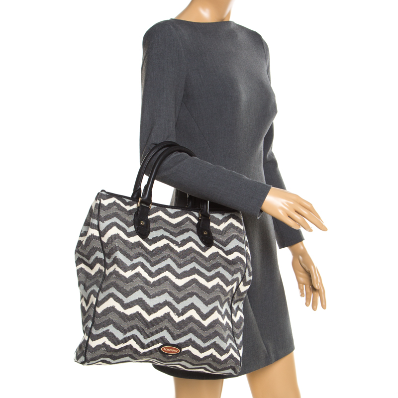 

Missoni Multicolor Wave Printed Canvas and Leather Tote