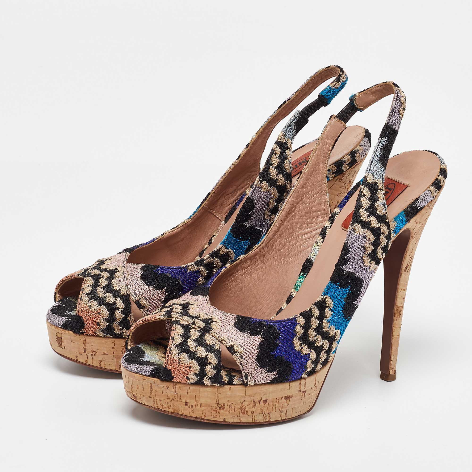 Missoni Multicolor Knit Fabric Platform Peep Toe Slingback Sandals Size 39 