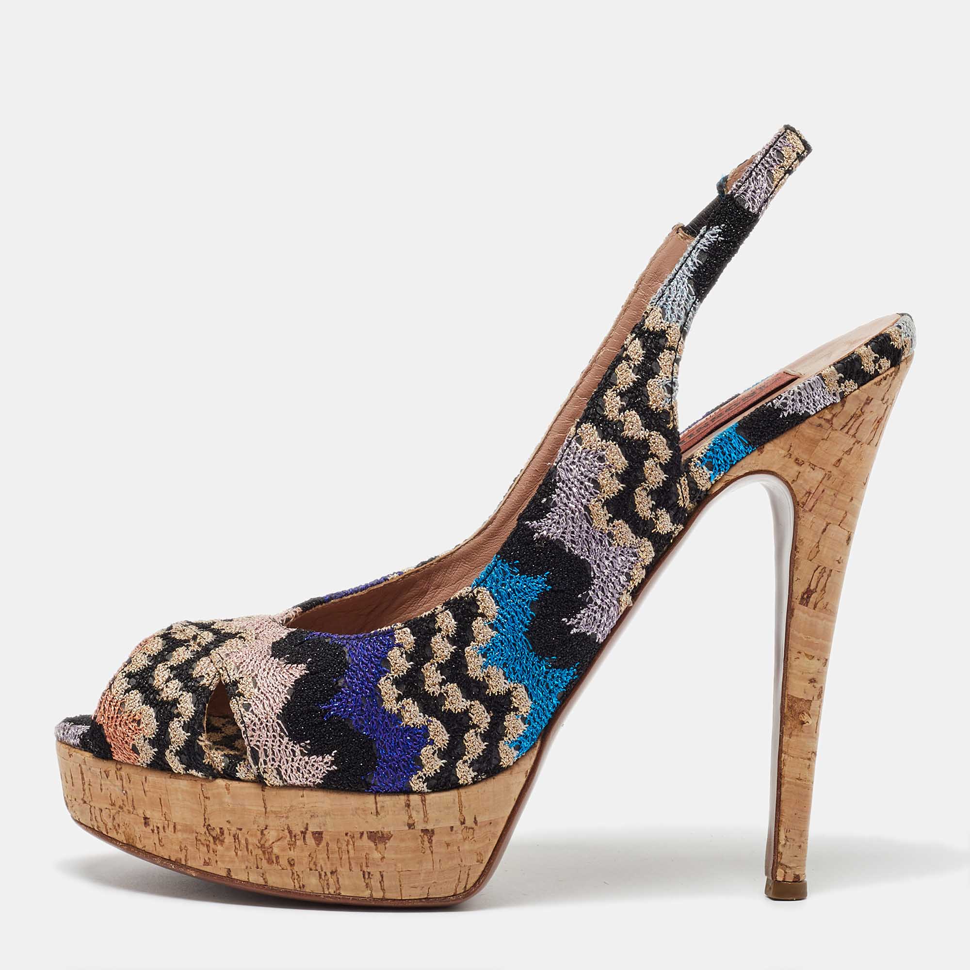 

Missoni Multicolor Knit Fabric Platform Peep Toe Slingback Sandals Size