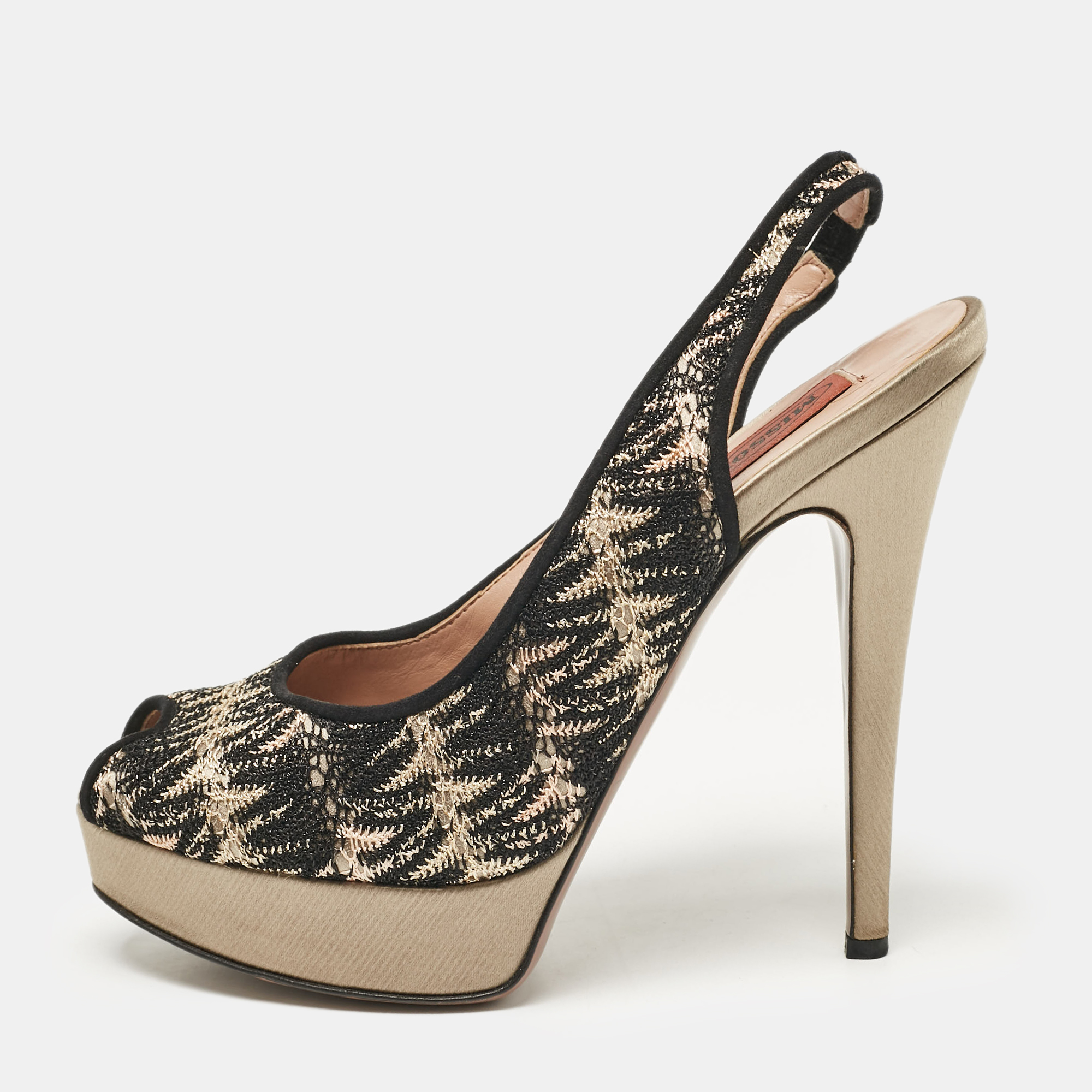 

Missoni Black/Grey Lace and Satin Peep Toe Platform Slingback Pumps Size