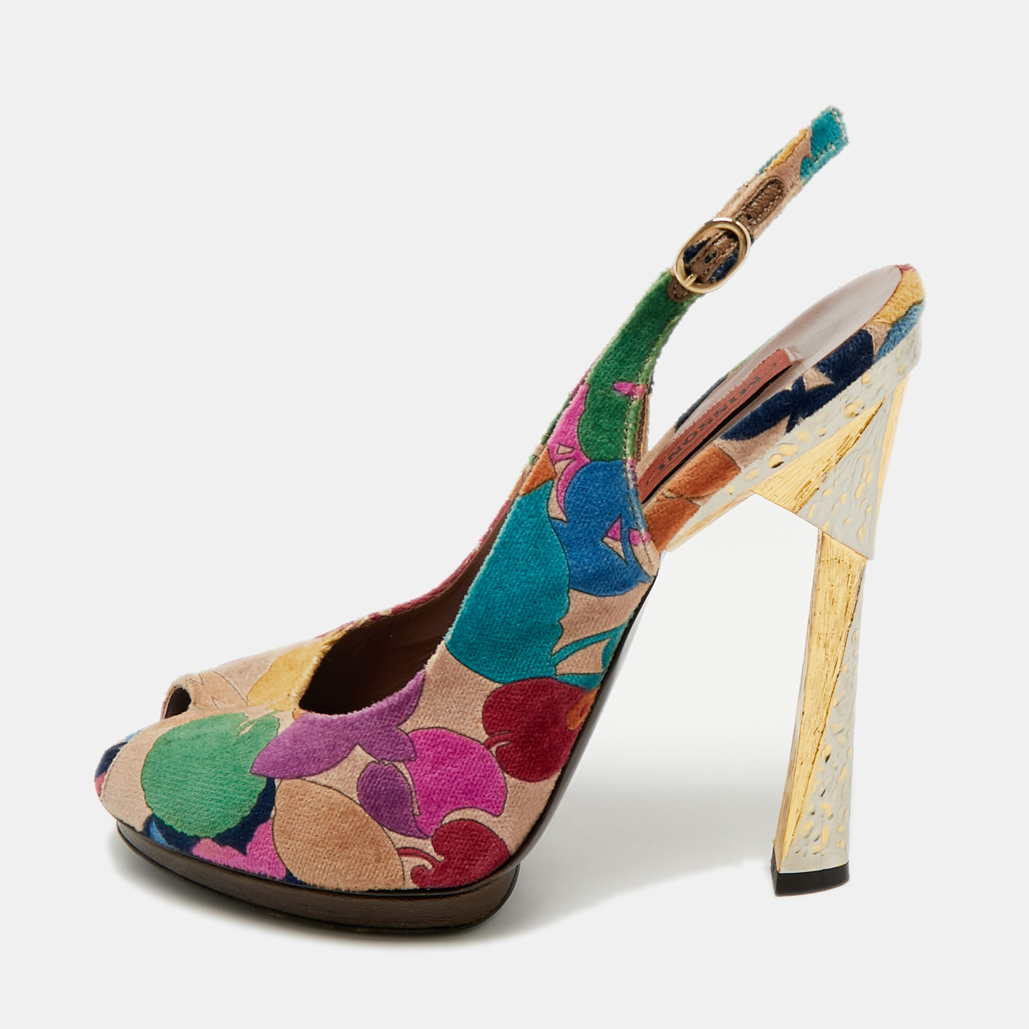 Pre-owned Missoni Multicolor Velvet Peep Toe Slingback Sandals Size 39.5